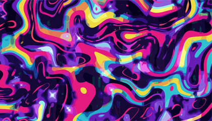 Retro psychedelic Y2K abstract vector background with vibrant neon colors, futuristic aesthetic, wavy shapes, holographic effects, surreal patterns, glitch art, nostalgic 2000s style