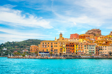 Porto Santo Stefano village, church and castle. Argentario, Tuscany, Italy