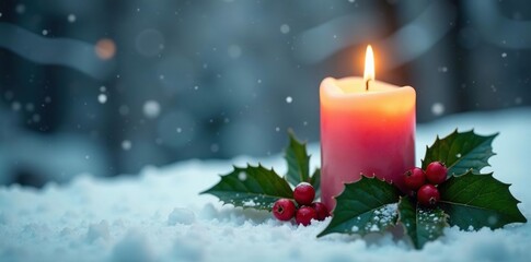 Candle with holly leaves and berries in winter, snowy landscape, wintery scene, festive decorations