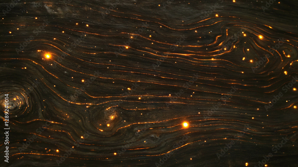 Poster enchanting wooden texture with glowing fireflies for nature-inspired design