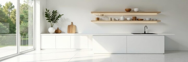 Bright, open white kitchen with natural light, floating shelves, sunlight, faucet