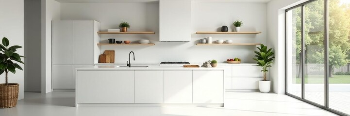 Bright, open white kitchen with natural light, floating shelves, open kitchen, spacious, stainless steel
