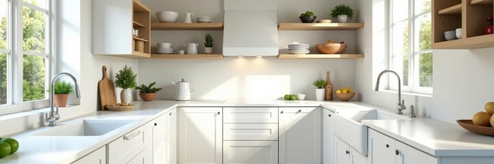 Fototapeta premium Bright white kitchen, open shelving, natural light, farmhouse sink, modern, details, handle