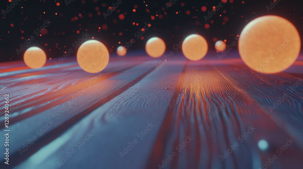 Poster mystical wooden texture with floating glowing orbs for cosmic serenity design
