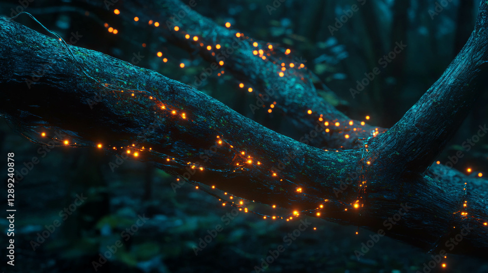 Poster enchanted forest with glowing vines on tree branches for nature design