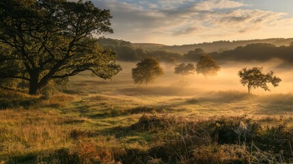 Obraz premium Morning light spills over a tranquil landscape. Mist dances among the trees in the early hours. Nature awakens in peaceful beauty. Generative AI