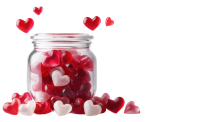 glass jar with red and white heart shaped gum isolated on white background 