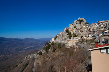 February view of Cervara di Roma in the Simbruini mountains with clear blue sky