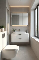 Fototapeta premium Small modern bathroom interior features white vanity, grey tiles. Shower behind glass wall. Mirror, sink, cabinet provide storage solutions, ensure organisation. Clean design, remodel, upgrade
