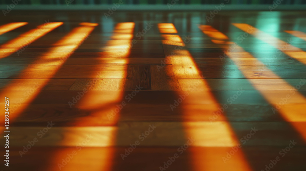 Poster sunlit wooden floor with inlaid patterns and light reflections
