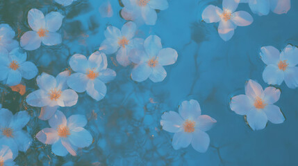 Tranquil reflections of light blue flowers on wooden texture