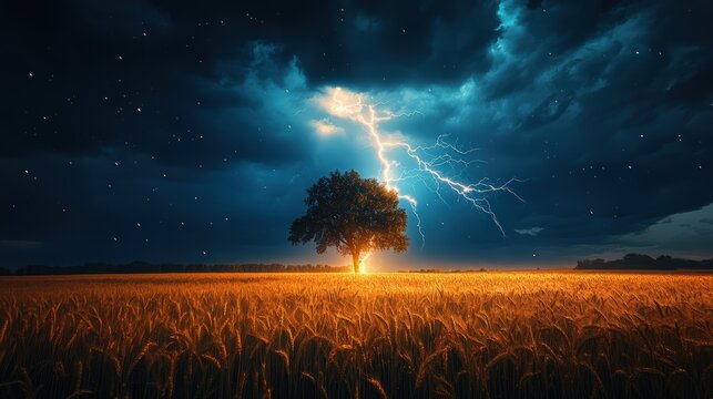 A lone tree standing tall as lightning illuminates the stormy night sky above a vast field of golden wheat, creating a dramatic scene