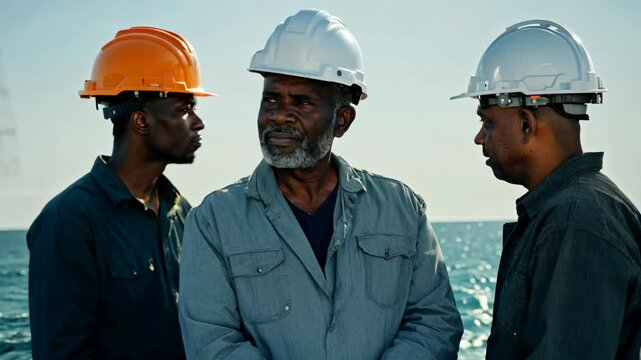 Portrait of a three different male engineers: African American male supervisors at a construction site. A serious supervisor leads by example, ensuring a safe and efficient worksite.