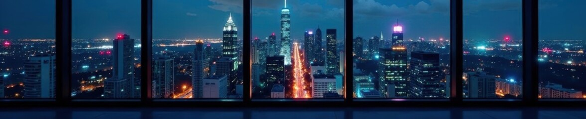 Night cityscape panorama from skyscraper office window, office panorama, urban