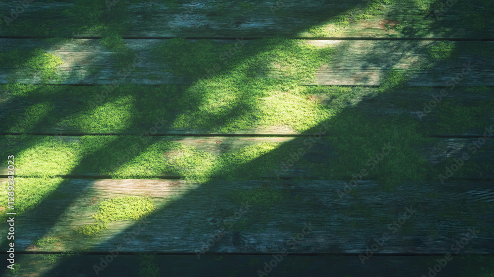 Poster nature inspired patterns on wooden surface with moss and shadows