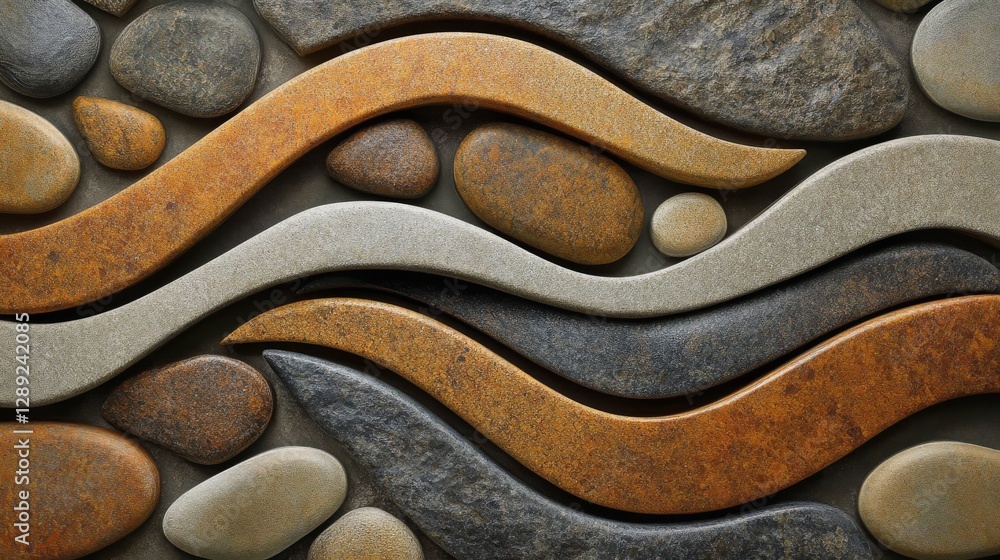 Poster artistically arranged stones and wavy lines create a pattern