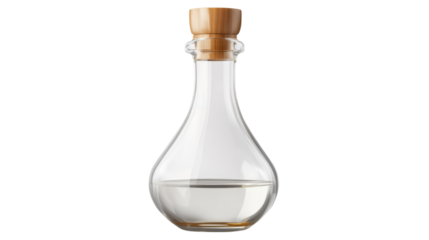 Glass olive oil dispenser with wooden stopper isolated on white background 