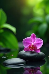 Orchid and lush greenery atop smooth zen stones, oriental spa ambiance, oriental, relaxation, nature