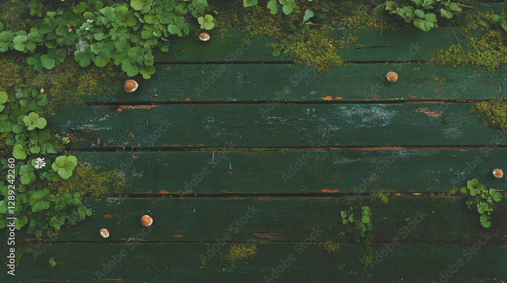 Poster rustic wooden texture with moss and small mushrooms for nature and design projects