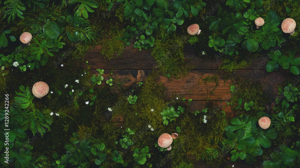 Aufkleber lush greenery with moss and mushrooms on rustic wooden texture for nature background