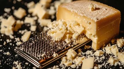 Grated cheese on dark background, food preparation