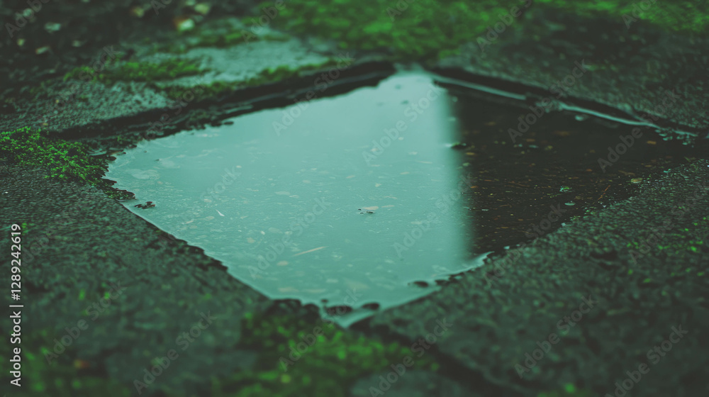 Poster reflective wood and moss with puddle texture for nature and design concepts