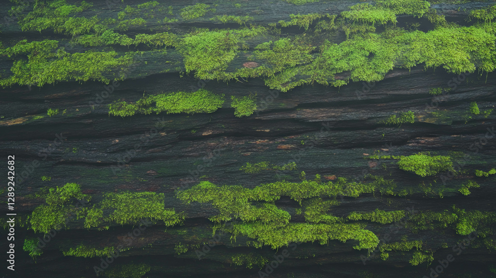 Poster textured wooden surface with vibrant moss in misty forest setting