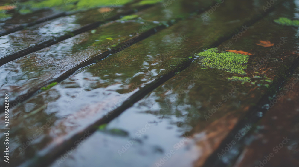 Aufkleber misty forest reflection on wooden texture with moss for nature background design