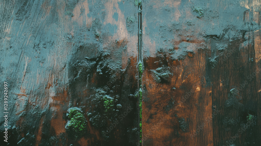 Poster natural wood texture with moss reflections in a puddle for rustic design and nature themes