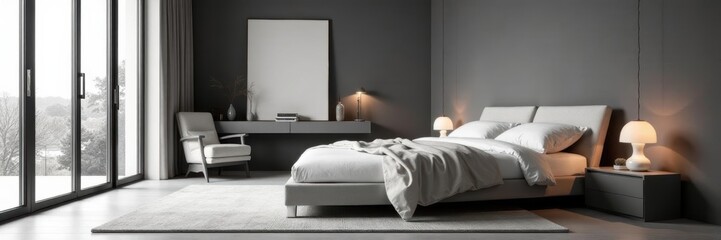 Sleek minimalist bedroom, grey walls, plush bedding, art, grey, mattress