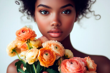 Young woman with deep brown eyes and full lips holding a bouquet of peach and yellow ranunculus flowers, gazing softly at the camera with a serene and natural expression against a light background