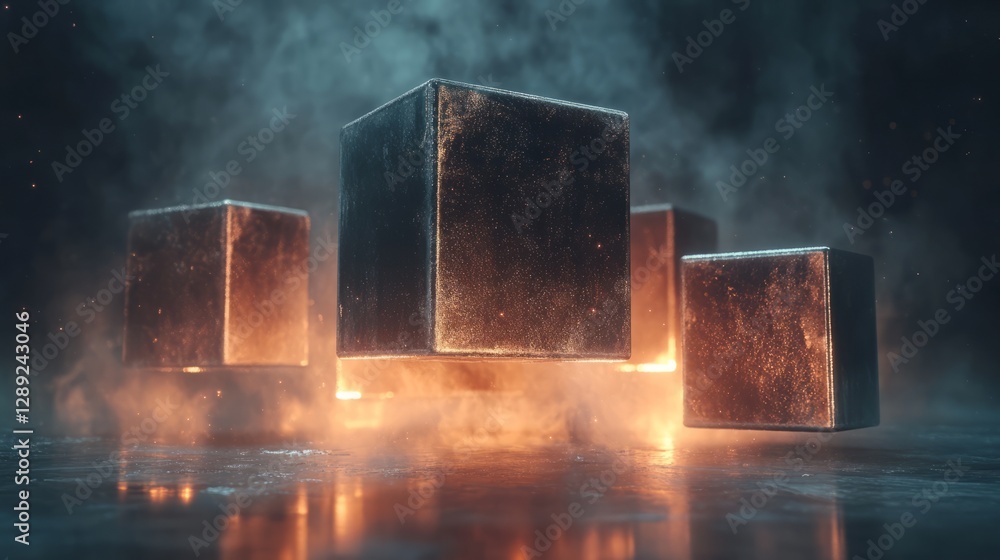 Poster abstract 3d blocks with reflective surfaces, floating above a dark background, with subtle light eff
