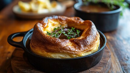 A rustic Yorkshire pudding served on a wooden farmhouse table, with a cast-iron skillet and a pot of homemade gravy in the background