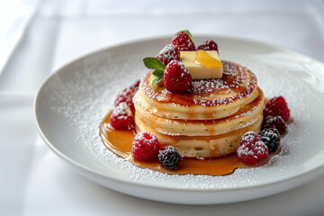 Golden Pancakes Stack Drizzled with Syrup Topped with Raspberries Blackberries and Butter with a White Background