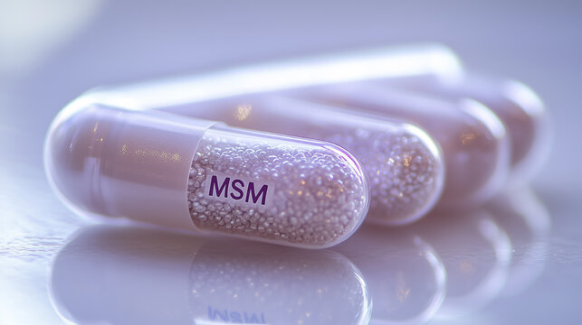 Capsules containing MSM supplement displayed on a reflective surface in a well-lit environment focused on health and wellness