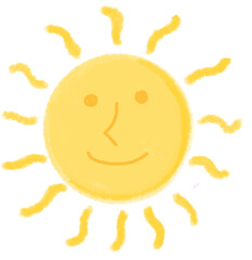 A cute, smiling cartoon sun created with crayon strokes, bringing a sunny and joyful vibe to a children's illustration.