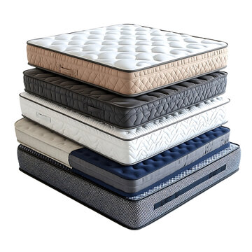 Stack of four mattresses in different colors and textures.