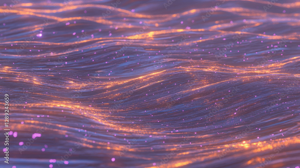 Poster shimmering purple particles on wooden texture with abstract waves for artistic design