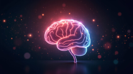Obraz premium Glowing digital pink brain on dark sparkling background