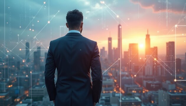 Rear view of businessman in suit looks at city skyline with network data connection. Urban landscape at dusk with skyscrapers and lights. Tech future perspective, leadership concept.