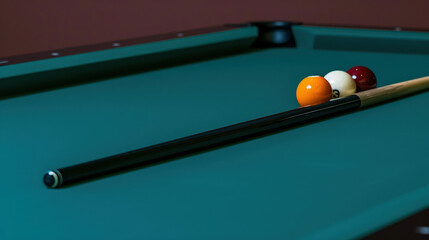 billiard table with balls and cues