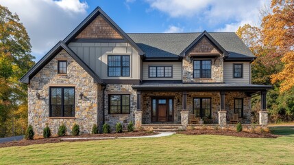 Charming Two-Story Residence Showcasing a Stone Porch Surrounded by Autumn Foliage
