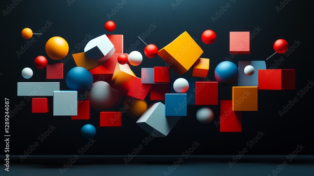 Poster abstract 3d blocks with soft light and shadow play, floating in space against a black background