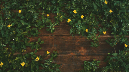 Rustic wooden texture with small yellow flowers and greenery for natural aesthetic design