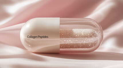 Collagen peptides supplement displayed on soft pink fabric highlighting its shine and elegant container design