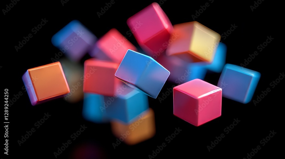 Poster abstract 3d blocks with soft light and shadow play, floating in space against a black background
