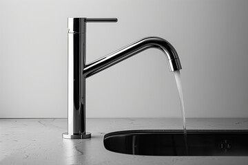 Modern Chrome Faucet Flowing Water in Minimalist Bathroom Setting with Steel Fixture and Clean Lines Against a Bright Background