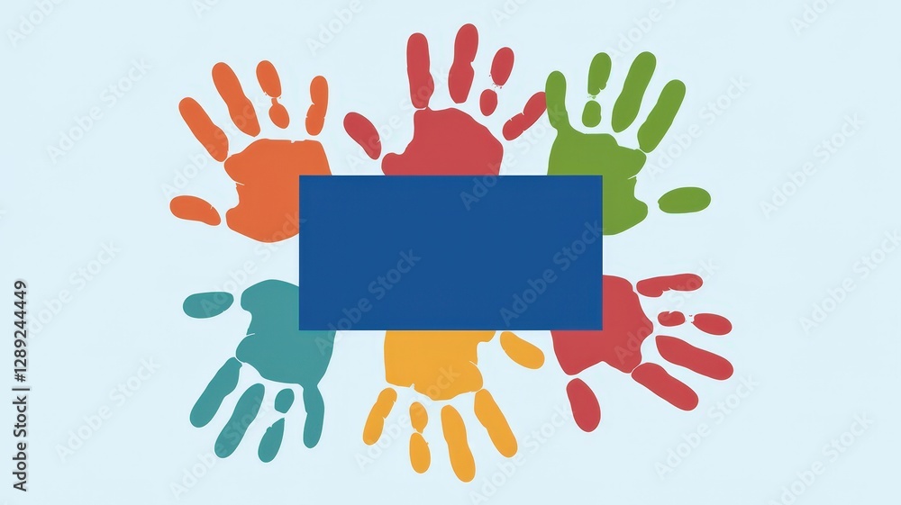 Poster colorful handprints in various shades surrounding a blank blue rectangle with copy-space for text