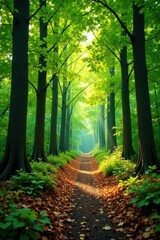 Naklejka premium Forest floor with fallen leaves and branches under a canopy of green trees, greenery, fallen leaves