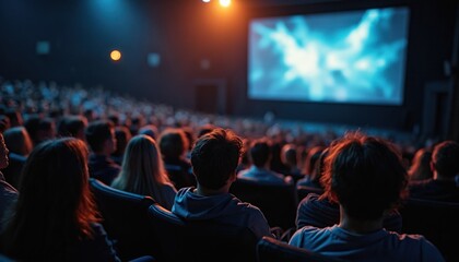 People watching film in dark cinema theater. Audience enjoy movie on big screen. Friends sit in comfortable chairs, eat snacks in hall. Back view of crowd in auditorium.